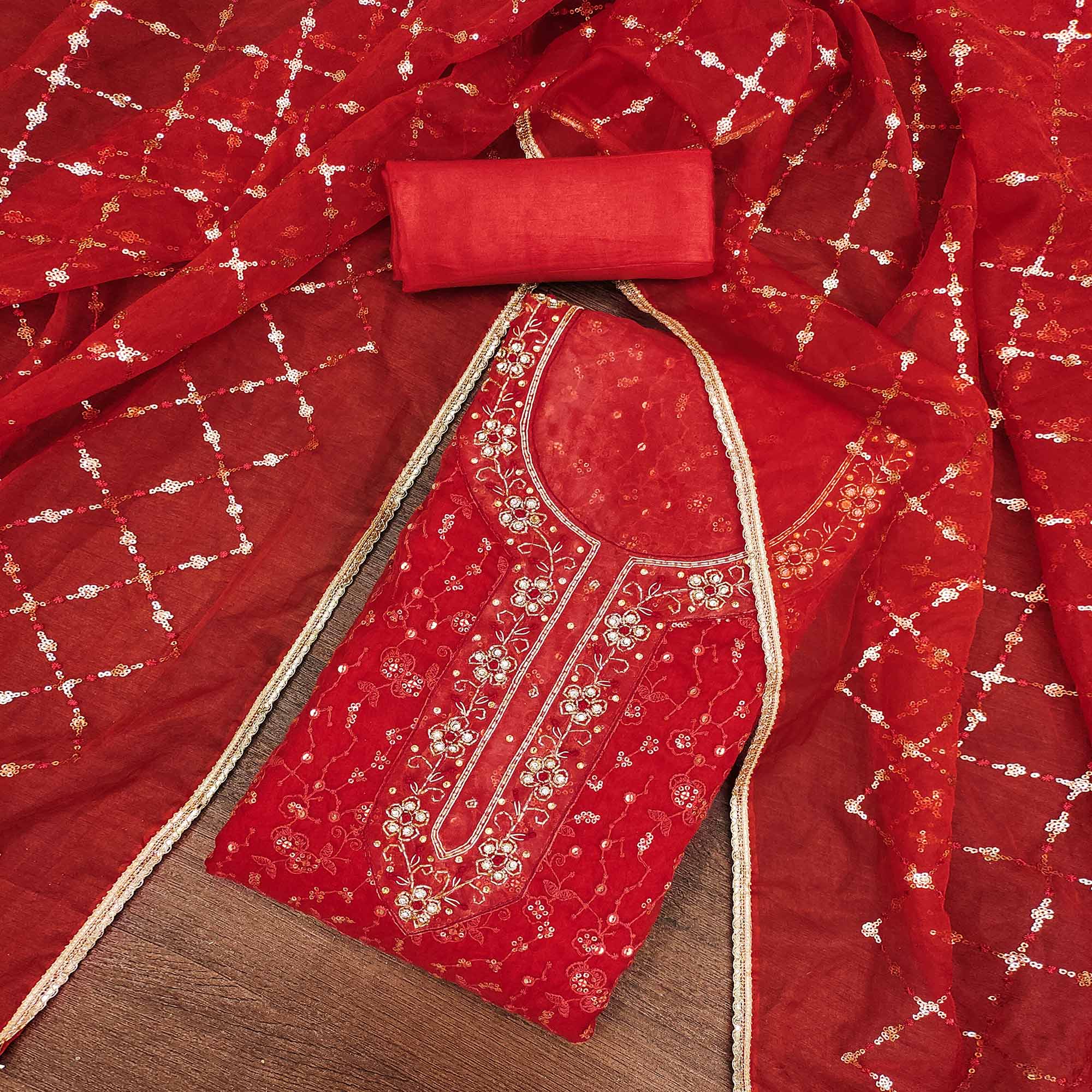 Red Floral Sequins Embroidered With Handwork Organza Dress Material