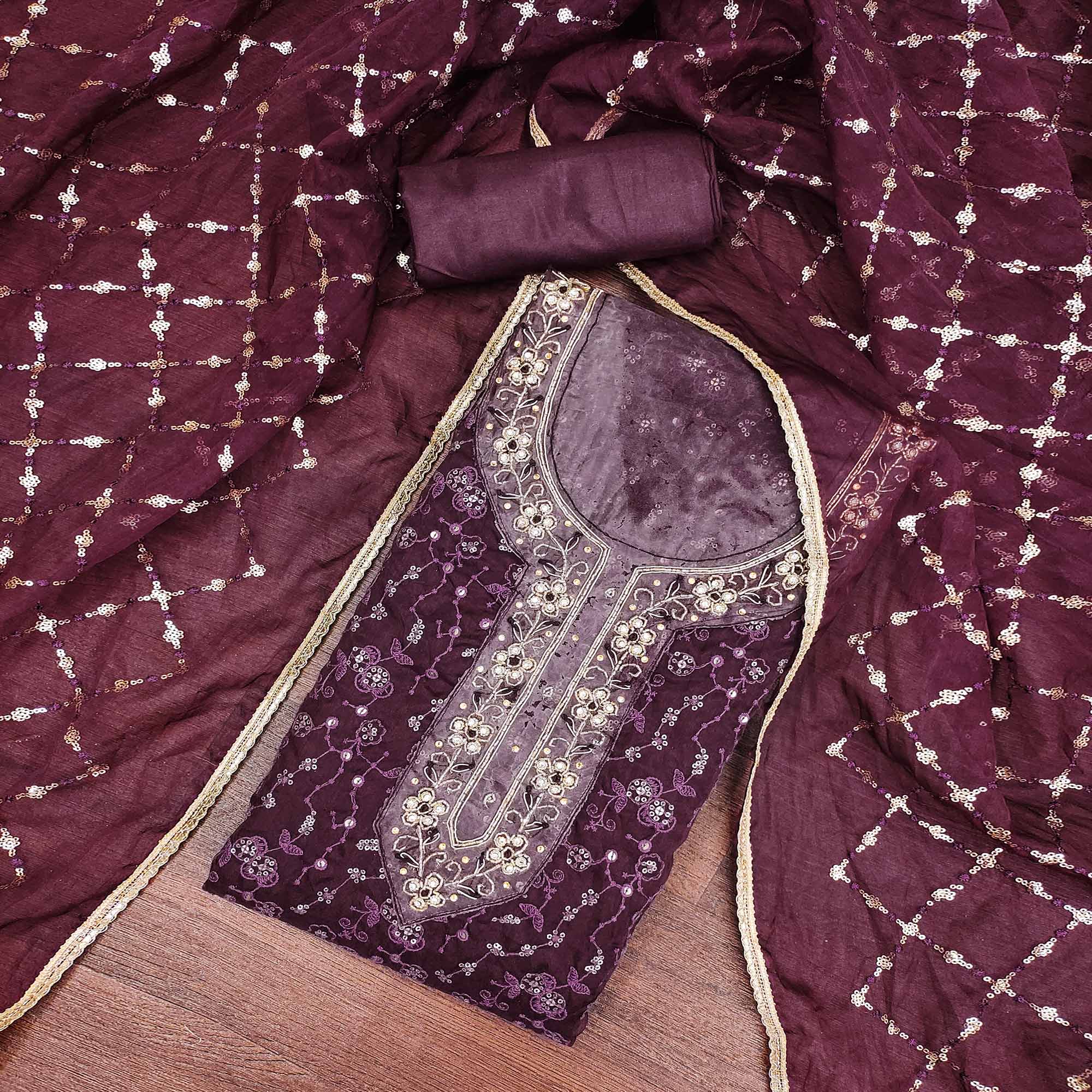 Wine Floral Sequins Embroidered With Handwork Organza Dress Material