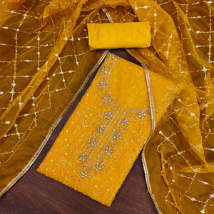 Yellow Floral Sequins Embroidered With Handwork Organza Dress Material