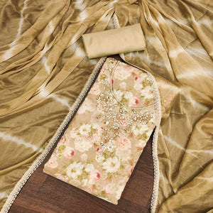 Chikoo Floral Digital Printed With Handwork Muslin Dress Material