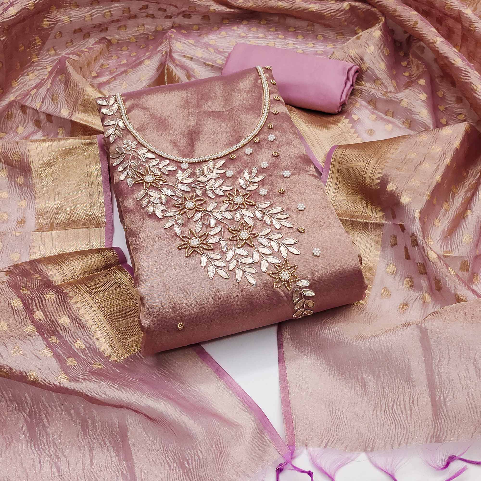 Purple Floral Moti & Gota Patti Handwork Viscose Dress Material