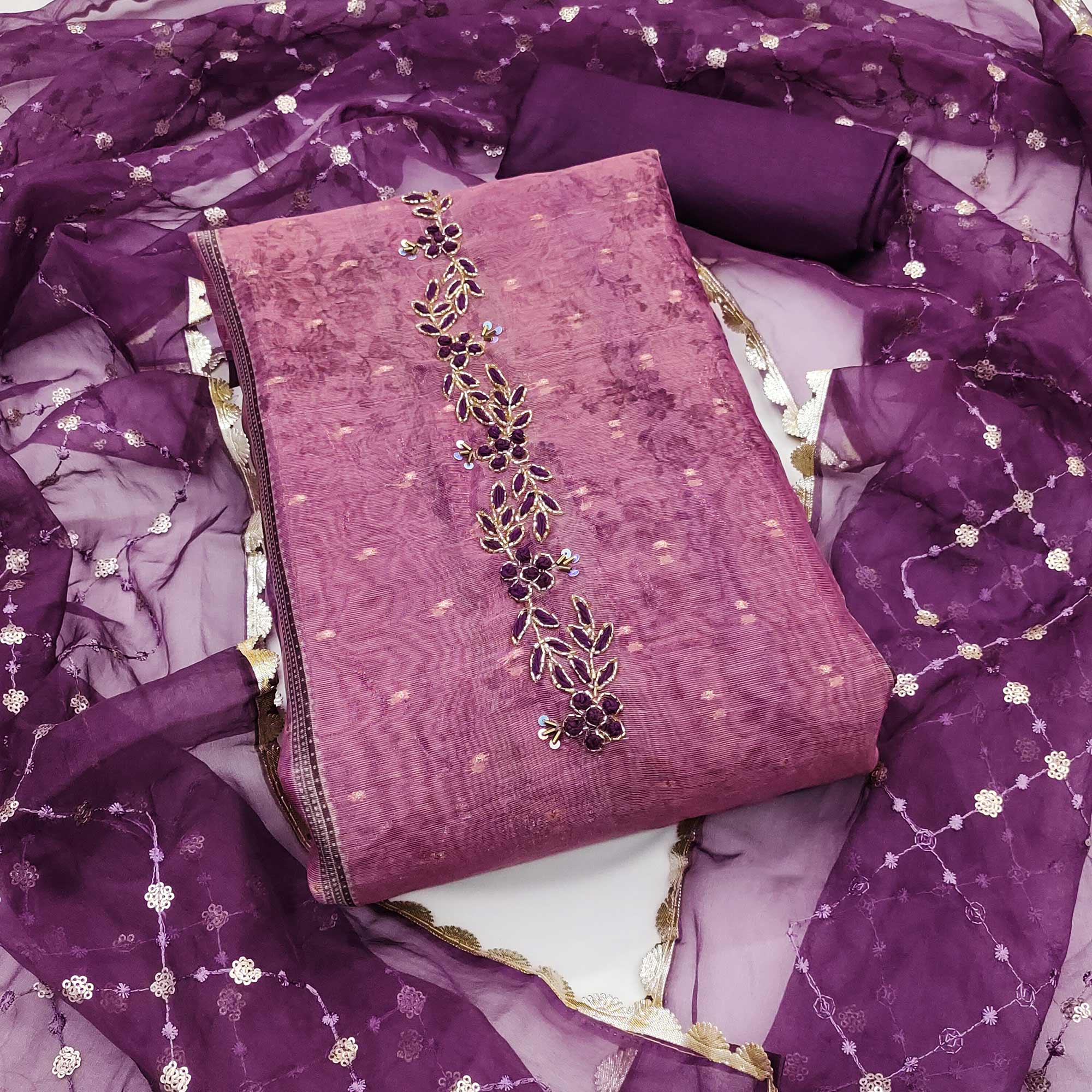 Purple Floral Printed With Handwork Shimmer Viscose Dress Material