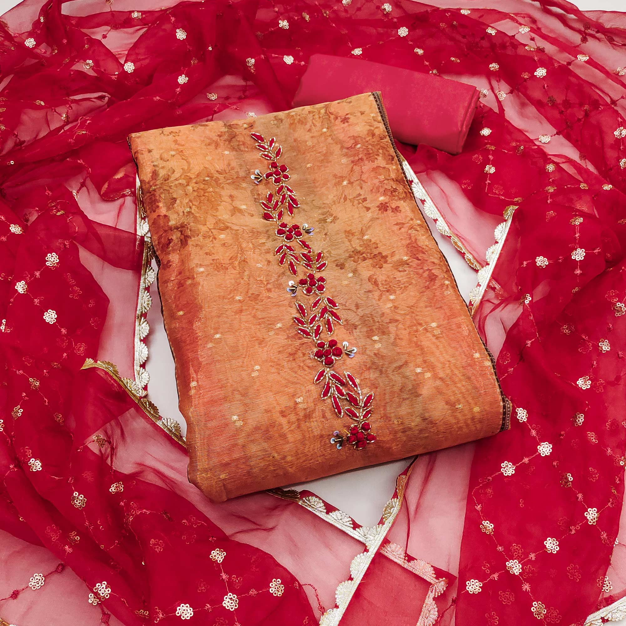 Red & Orange Floral Printed With Handwork Shimmer Viscose Dress Material