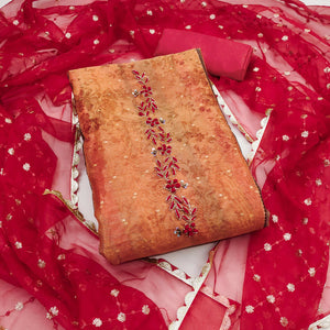 Red & Orange Floral Printed With Handwork Shimmer Viscose Dress Material