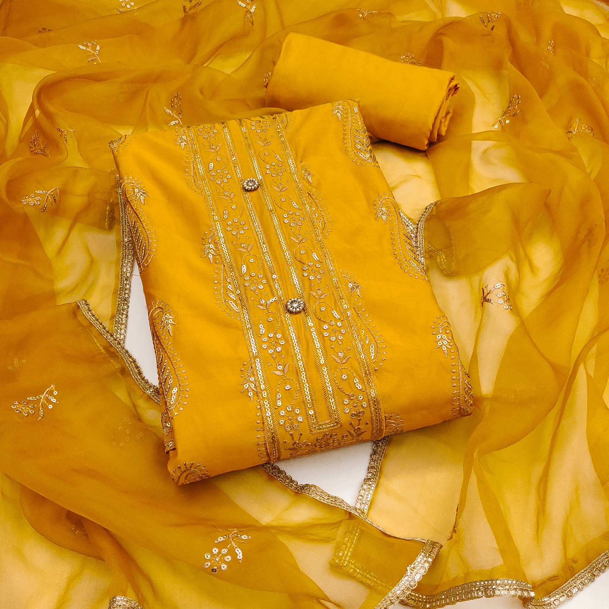 Yellow Floral Sequins Embroidered Cotton Silk Dress Material