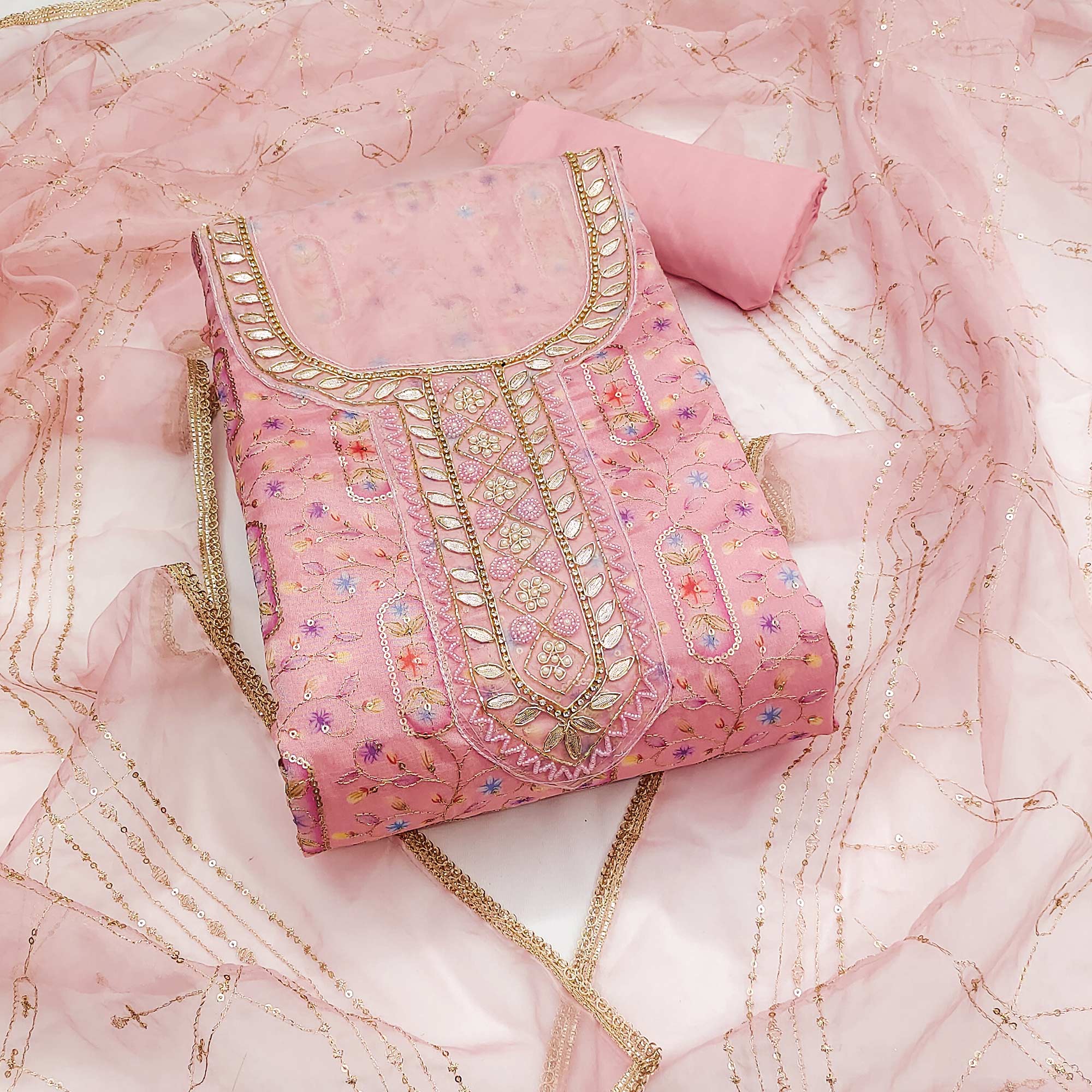 Pink Floral Sequins Embroidery With Handwork Viscose Dress Material