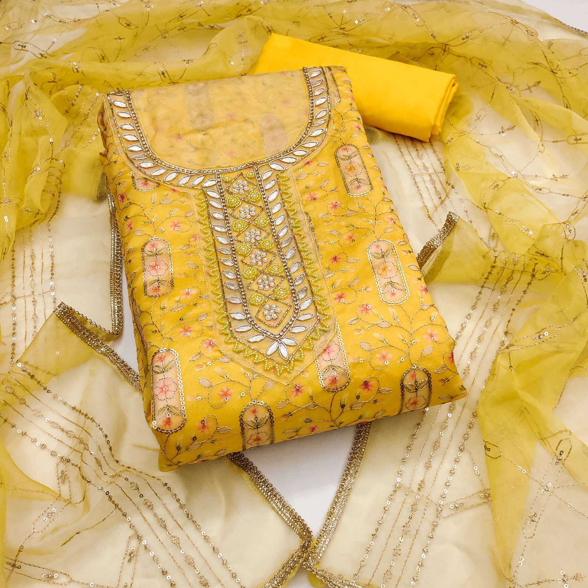 Yellow Floral Sequins Embroidery With Handwork Viscose Dress Material