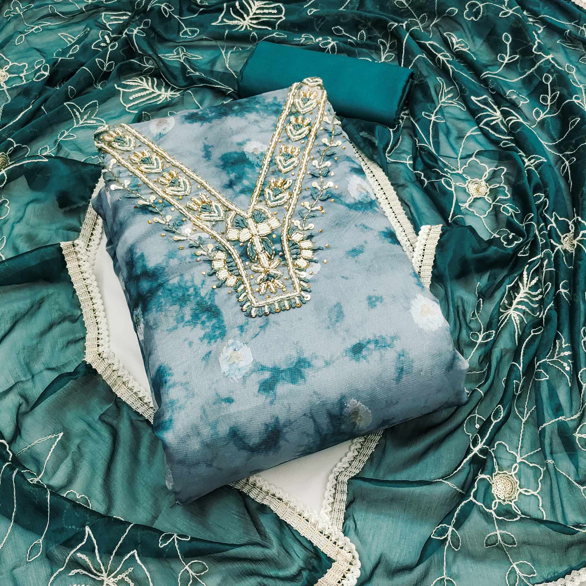 Teal Digital Printed With Handwork Organza Dress Material