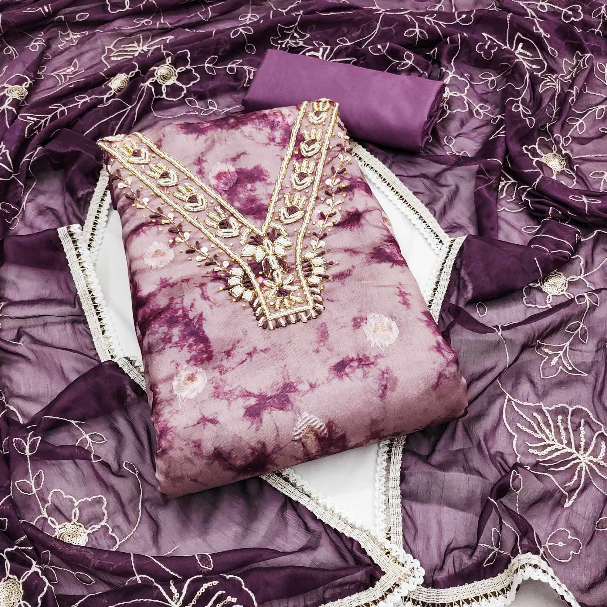 Wine Digital Printed With Handwork Organza Dress Material