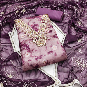 Wine Digital Printed With Handwork Organza Dress Material