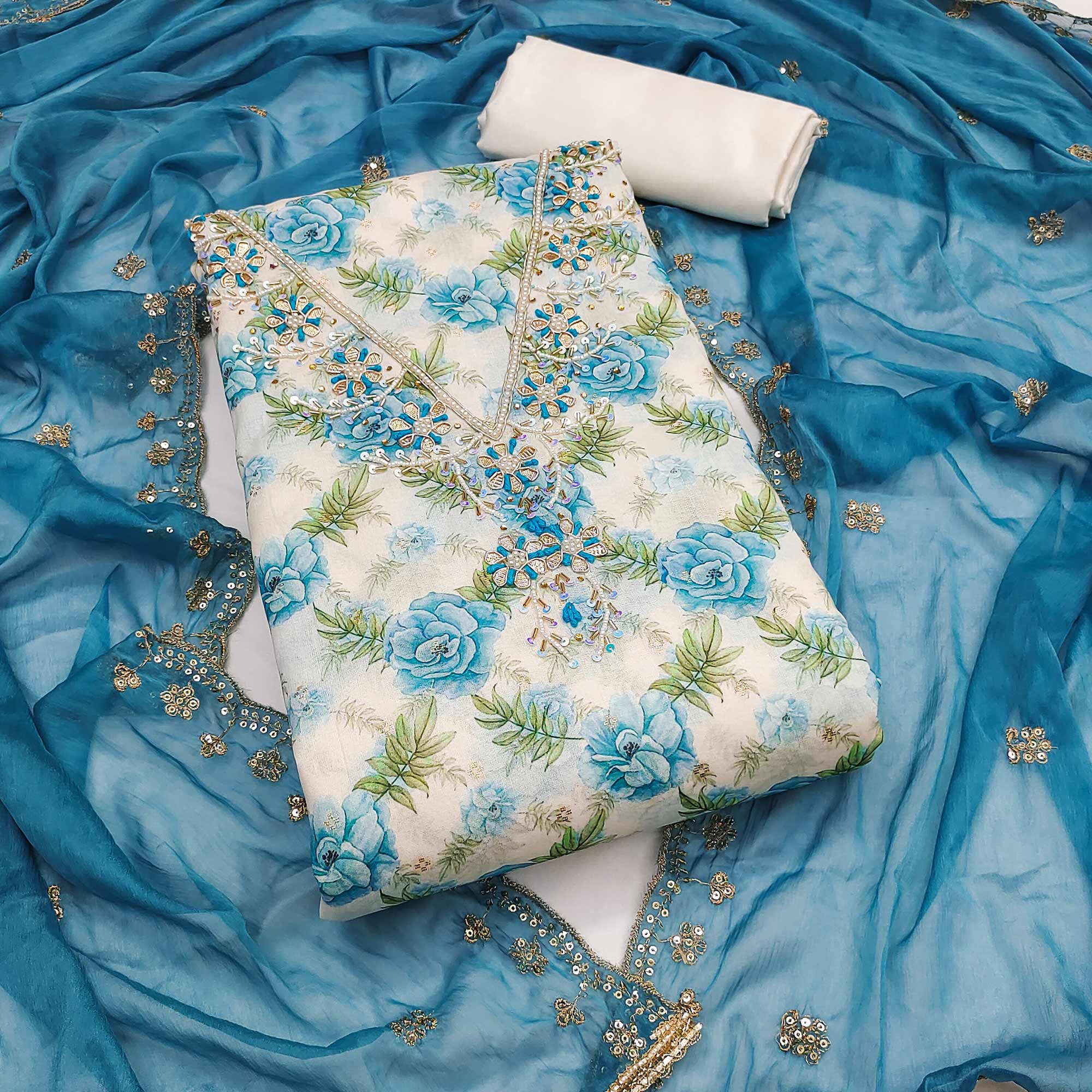 Blue Floral Digital Printed With Handwork Chanderi Silk Dress Material