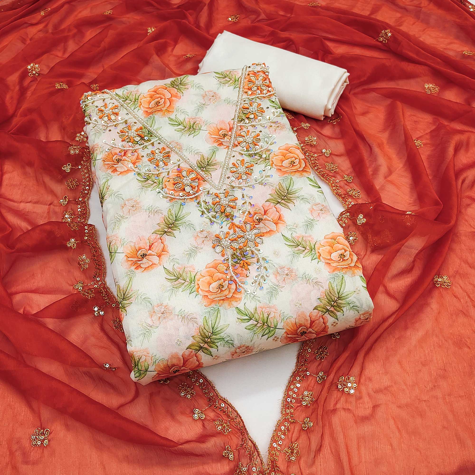 Orange Floral Digital Printed With Handwork Chanderi Silk Dress Material