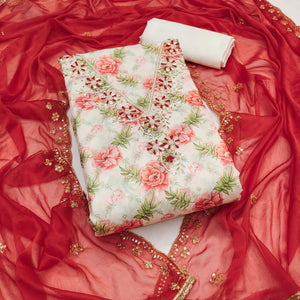 Red Floral Digital Printed With Handwork Chanderi Silk Dress Material