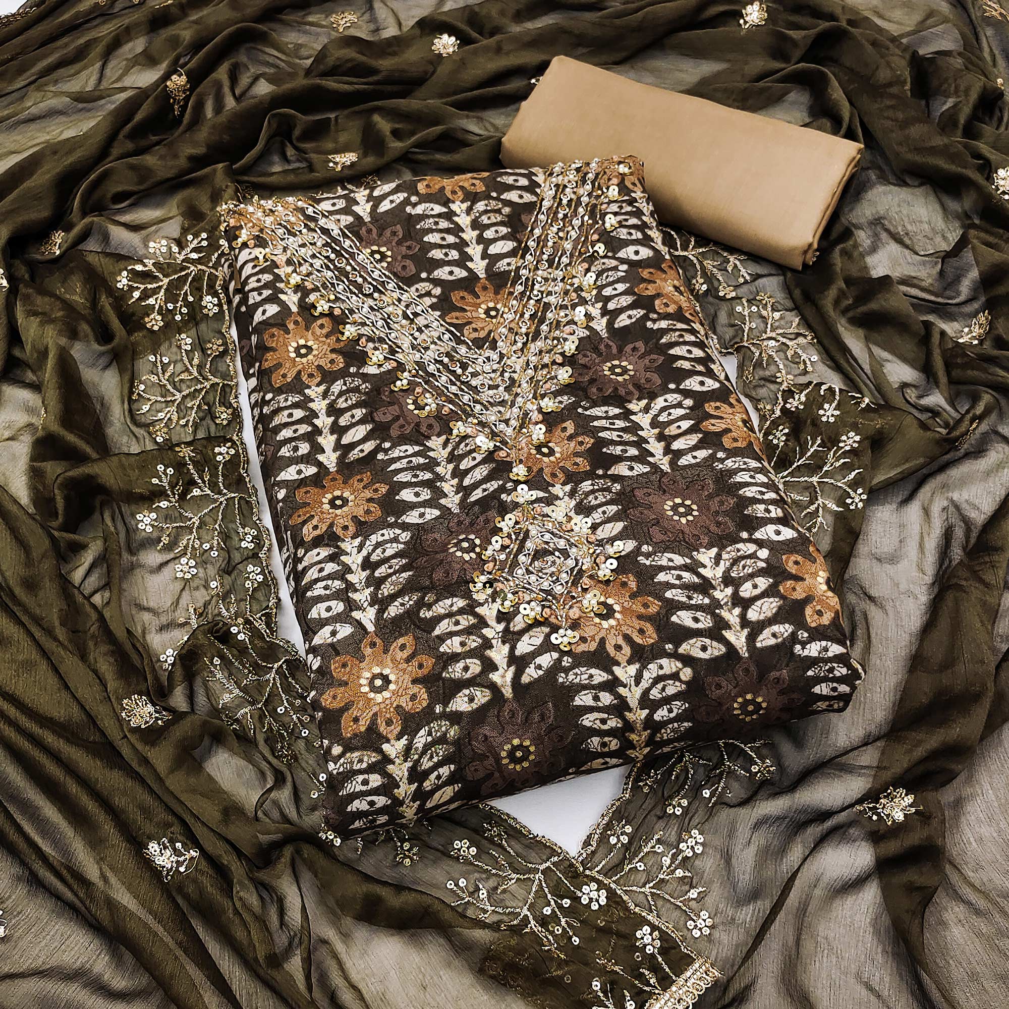 Dark Brown Floral Printed With Handwork Pure Cotton Dress Material