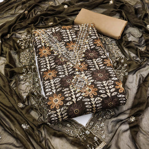 Dark Brown Floral Printed With Handwork Pure Cotton Dress Material