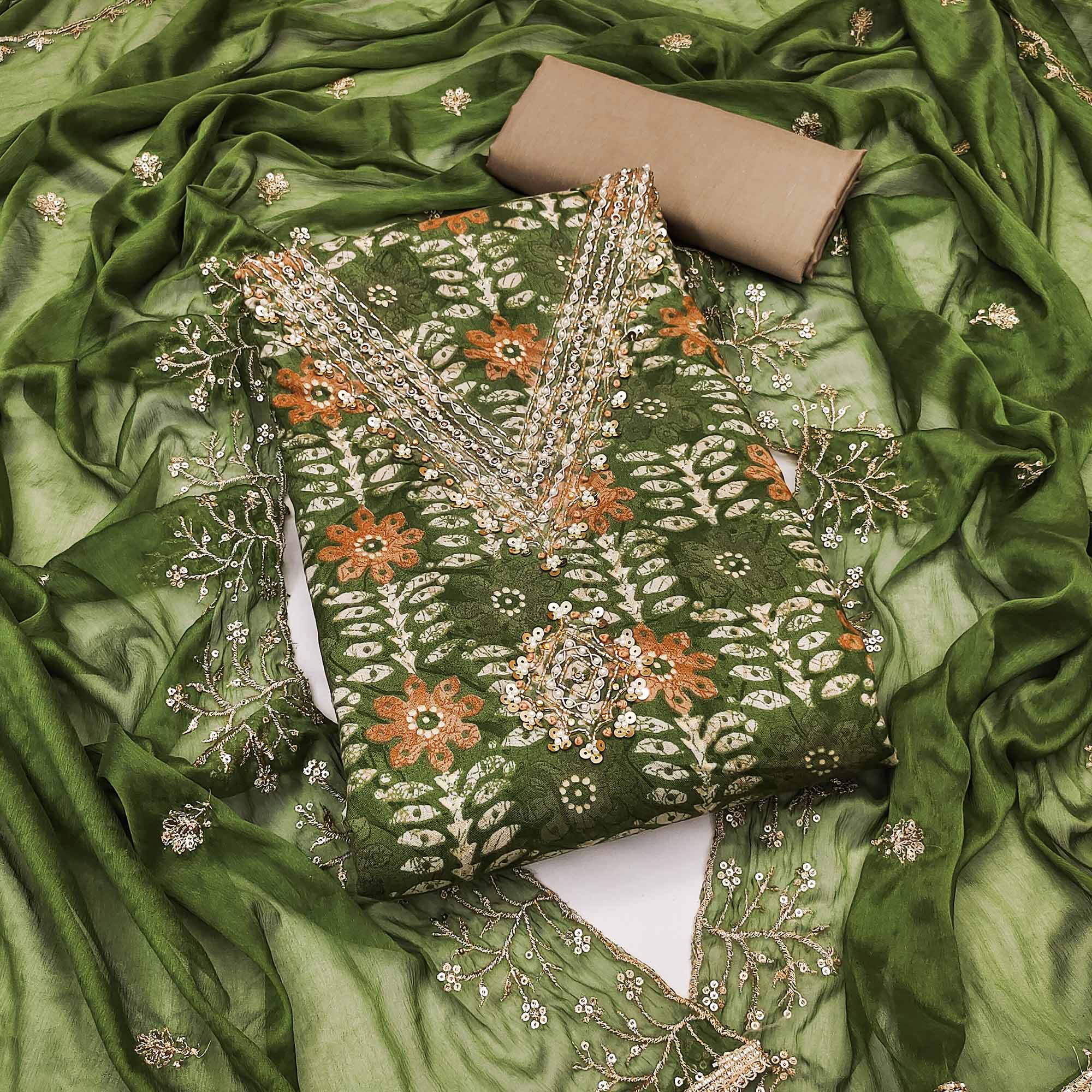Green Floral Printed With Handwork Pure Cotton Dress Material
