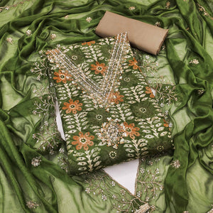 Green Floral Printed With Handwork Pure Cotton Dress Material
