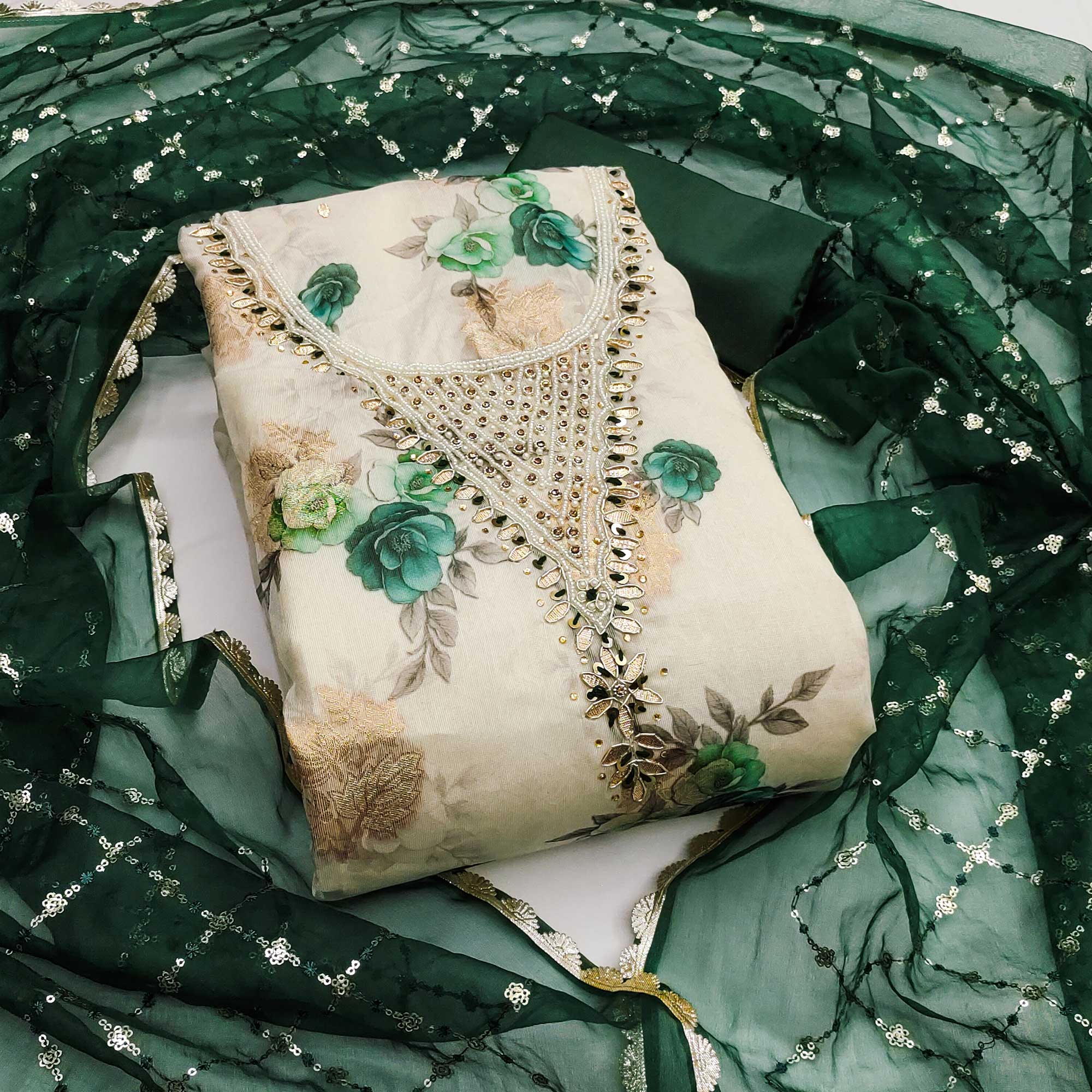 Green Floral Digital Printed With Handwork Viscose Banarasi Dress Material