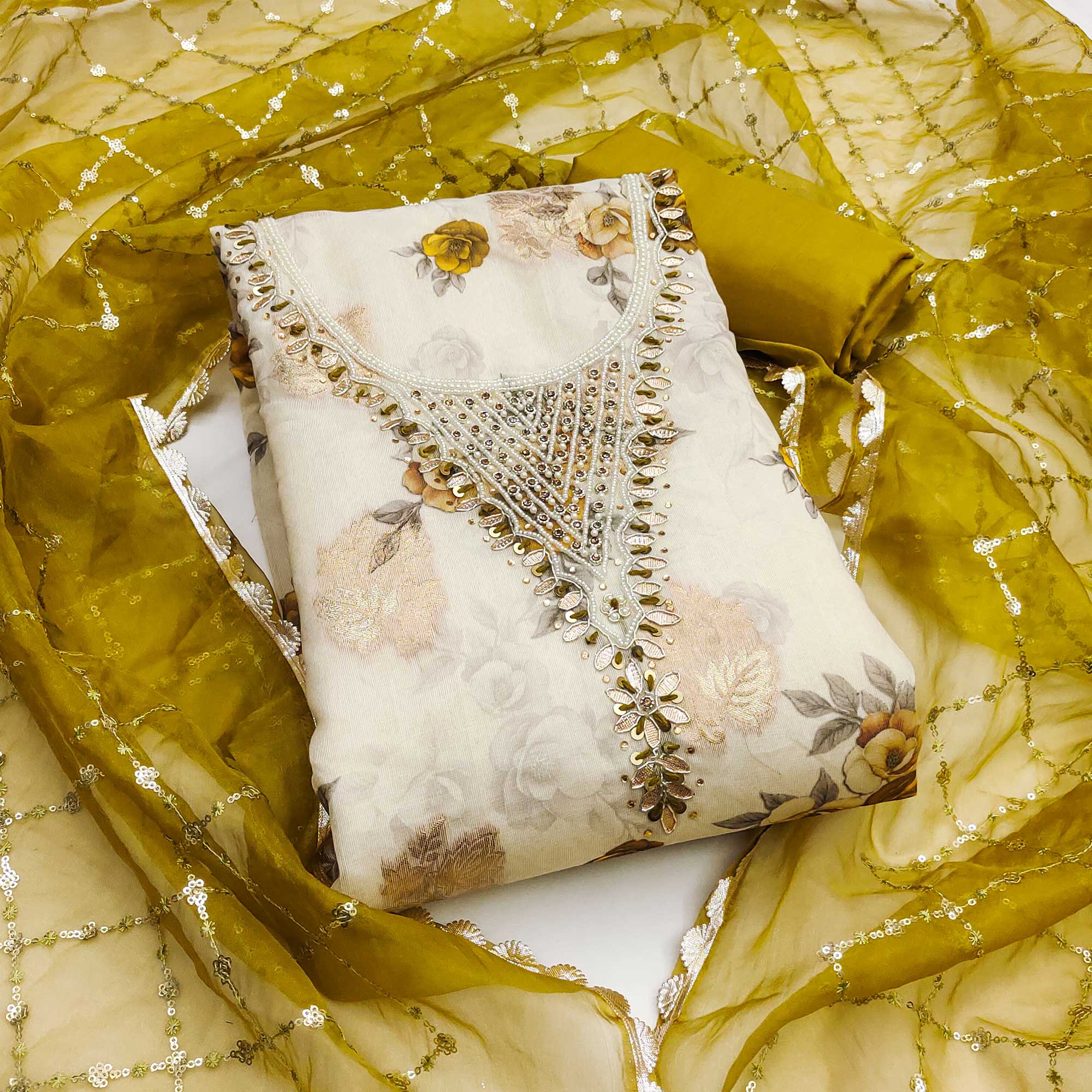 Mustard Floral Digital Printed With Handwork Viscose Banarasi Dress Material