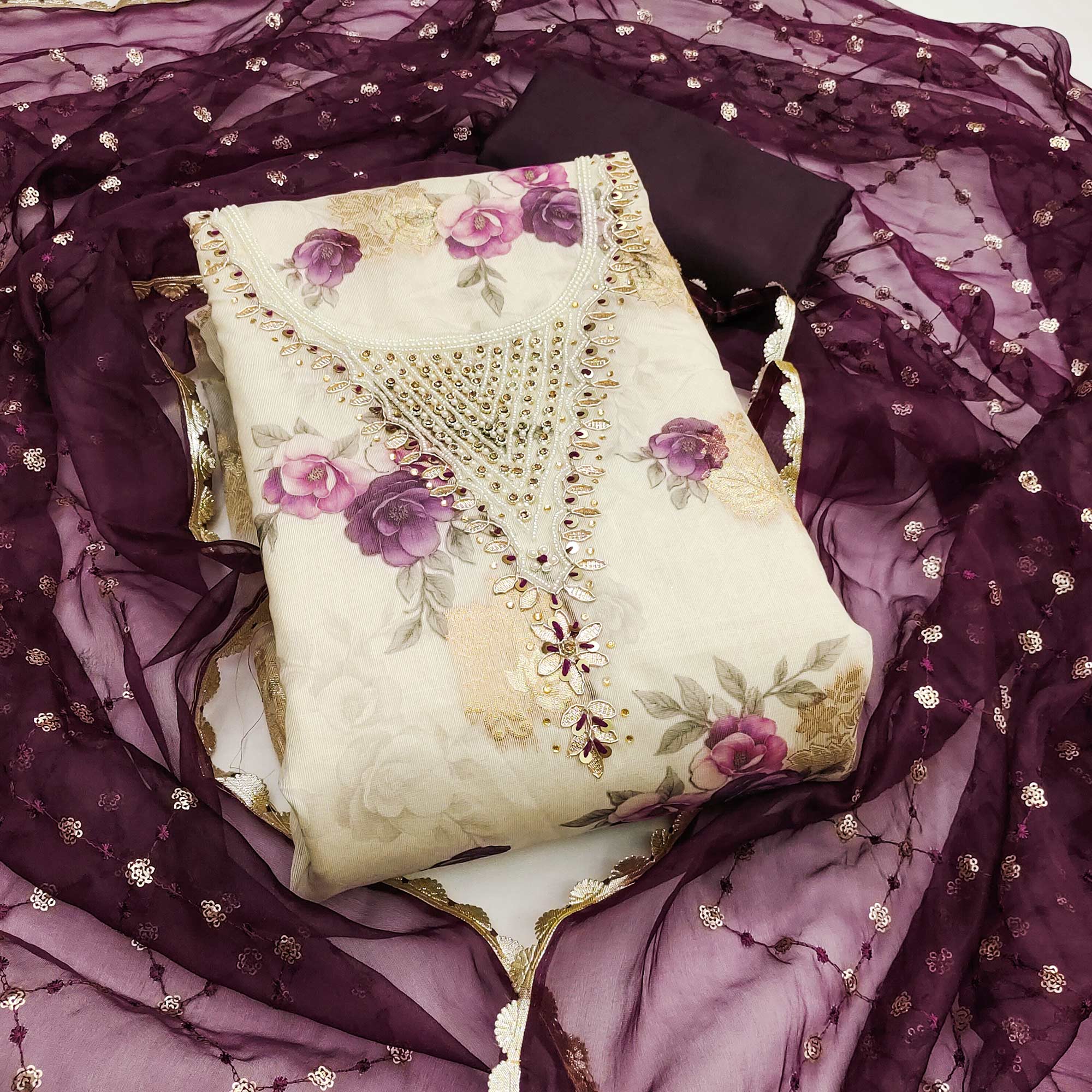 Wine Floral Digital Printed With Handwork Viscose Banarasi Dress Material