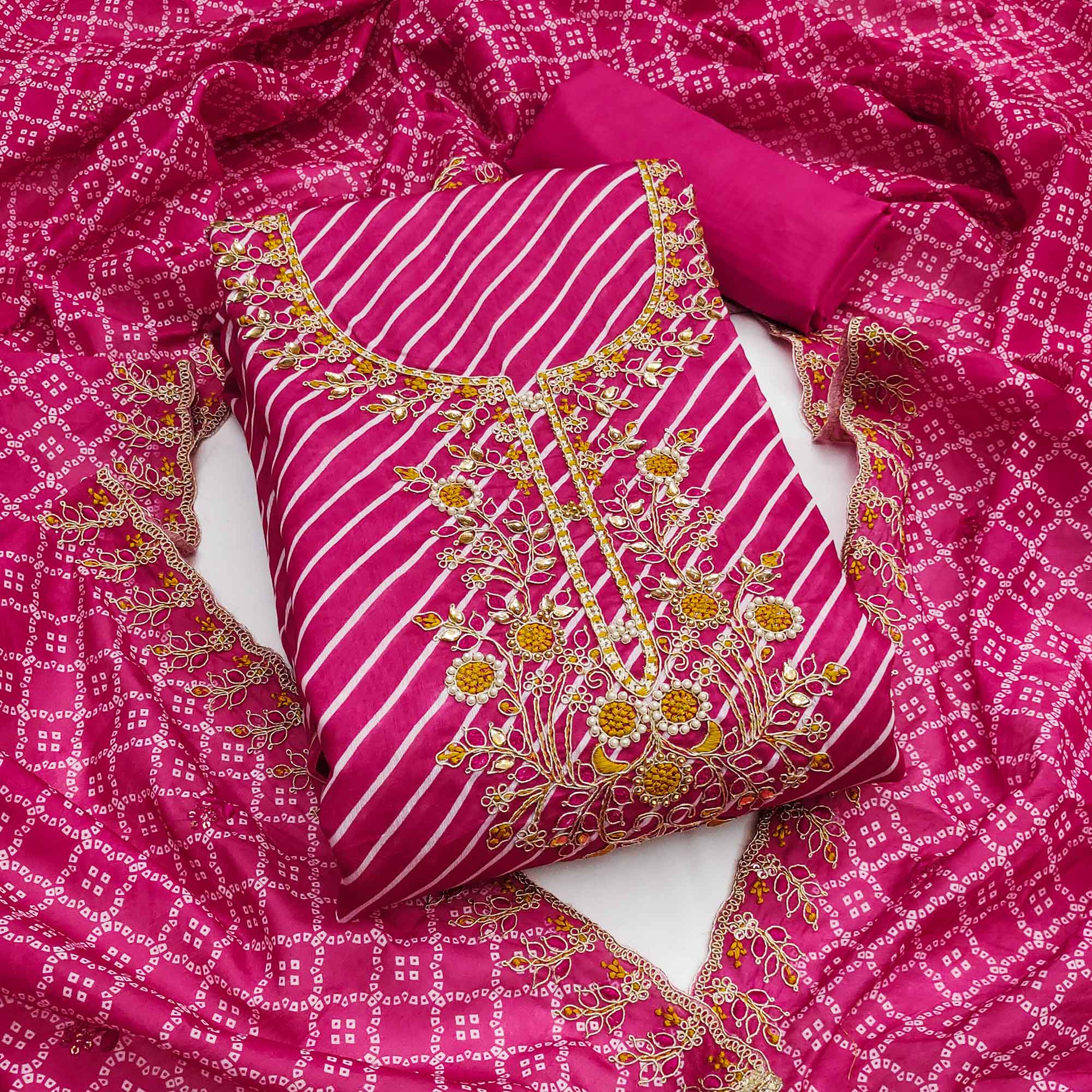 Rani Pink Striped Digital Printed With Handwork Muslin Dress Material