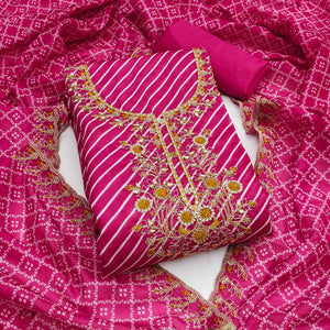 Rani Pink Striped Digital Printed With Handwork Muslin Dress Material