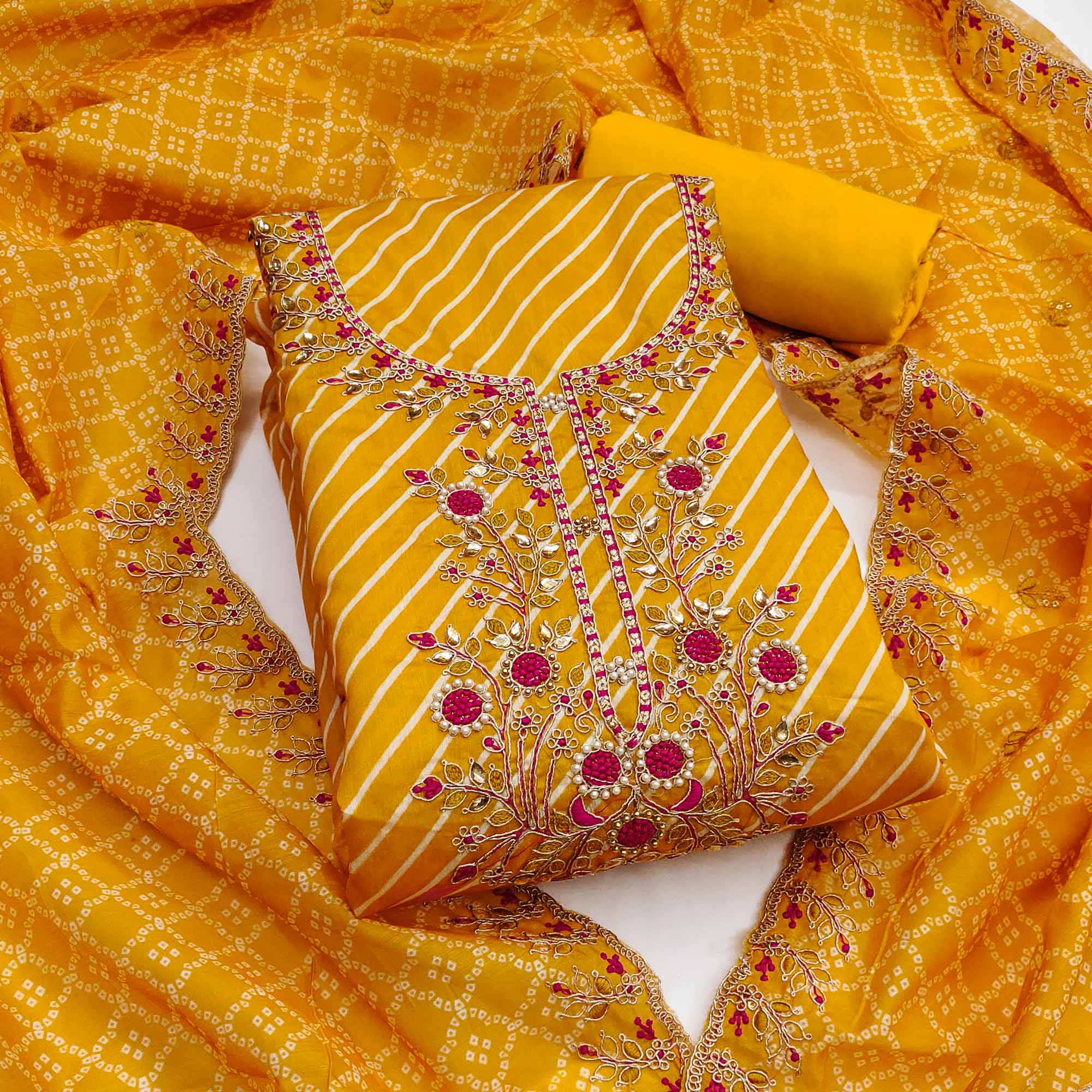Yellow Striped Digital Printed With Handwork Muslin Dress Material