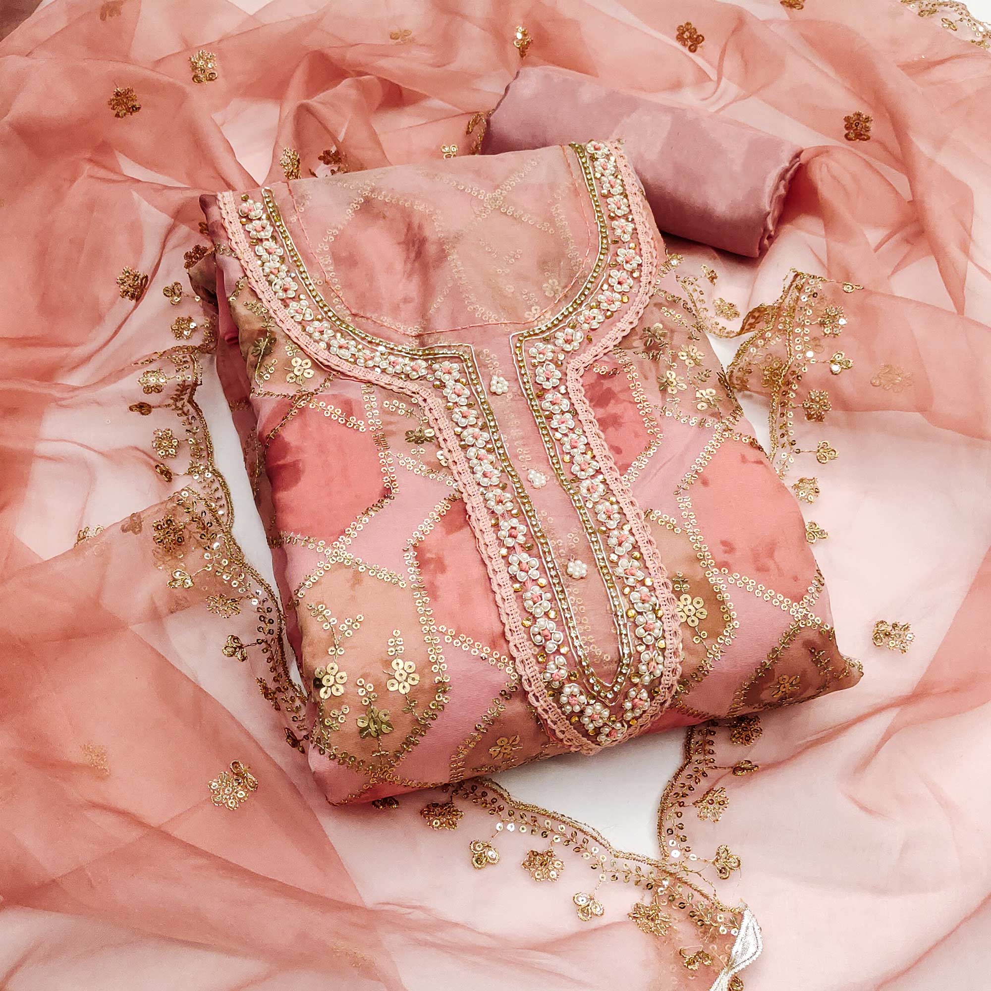 Peach Floral Sequins Embroidery With Handwork Organza Dress Material