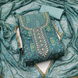 Blue Floral Sequins Embroidery With Handwork Organza Dress Material