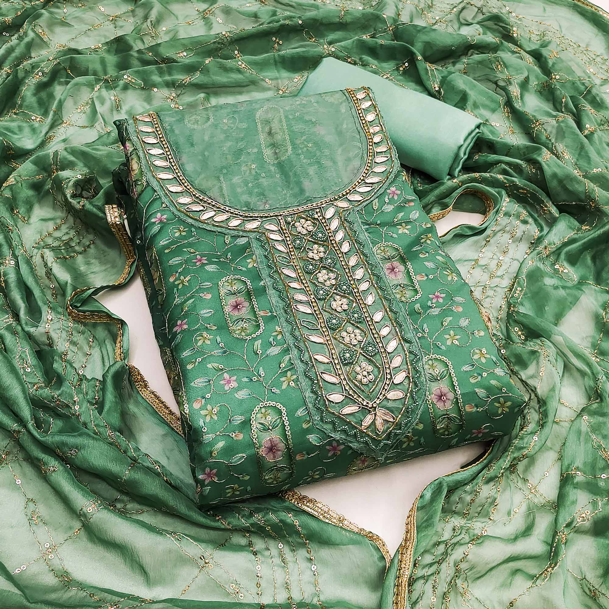 Green Floral Sequins Embroidery With Handwork Organza Dress Material