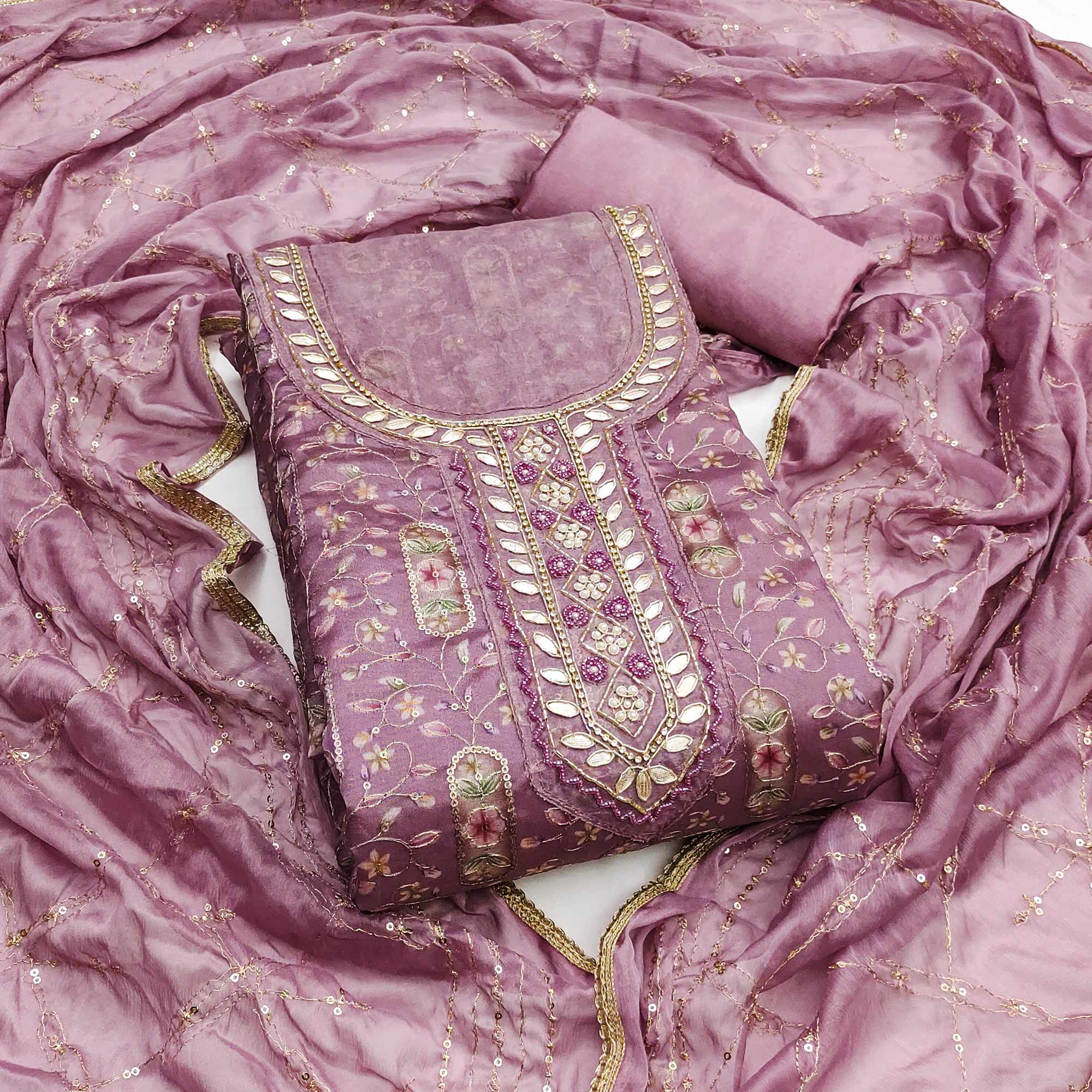 Mauve Floral Sequins Embroidery With Handwork Organza Dress Material