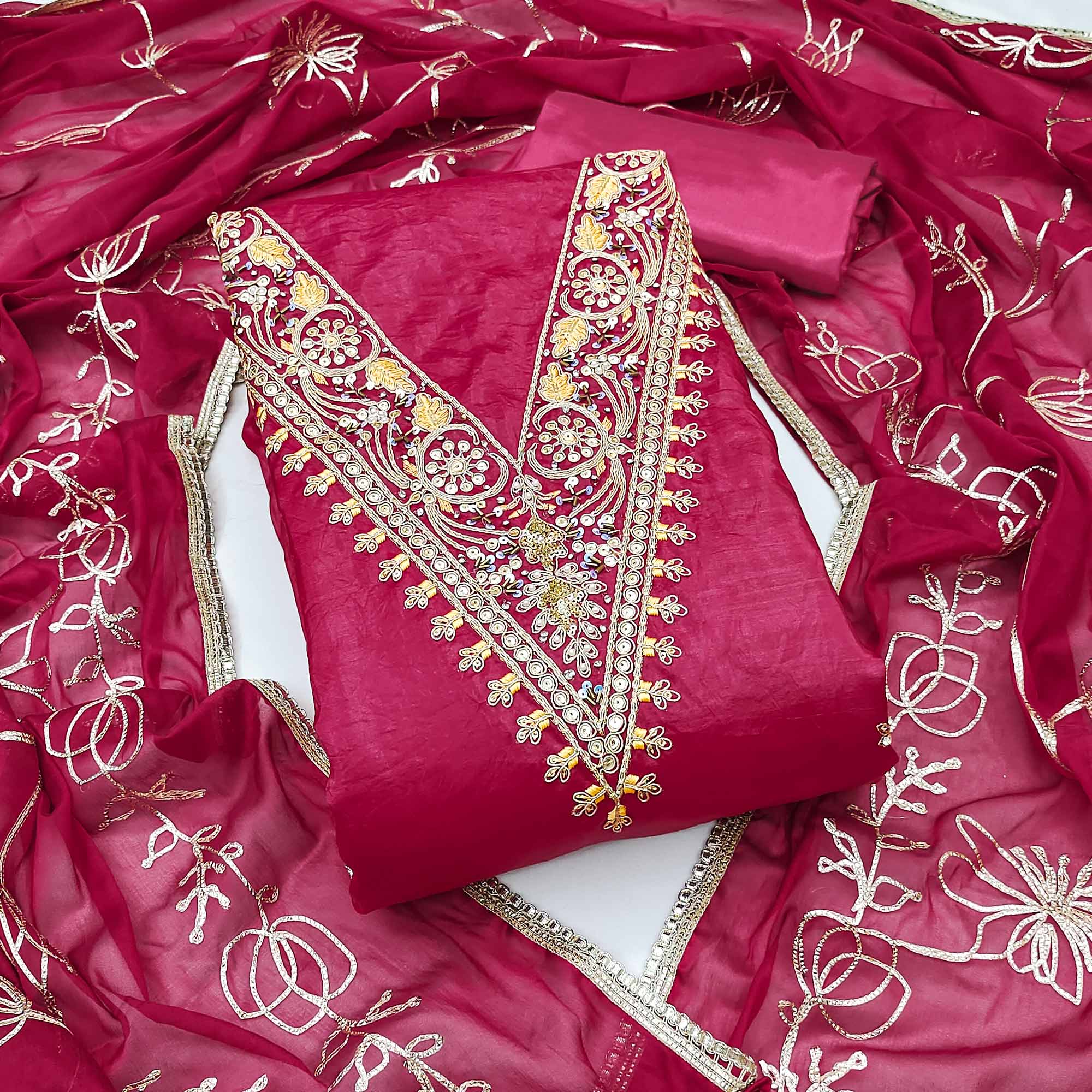 Pink Sequins Embroidery With Handwork Viscose Golden Crush Dress Material