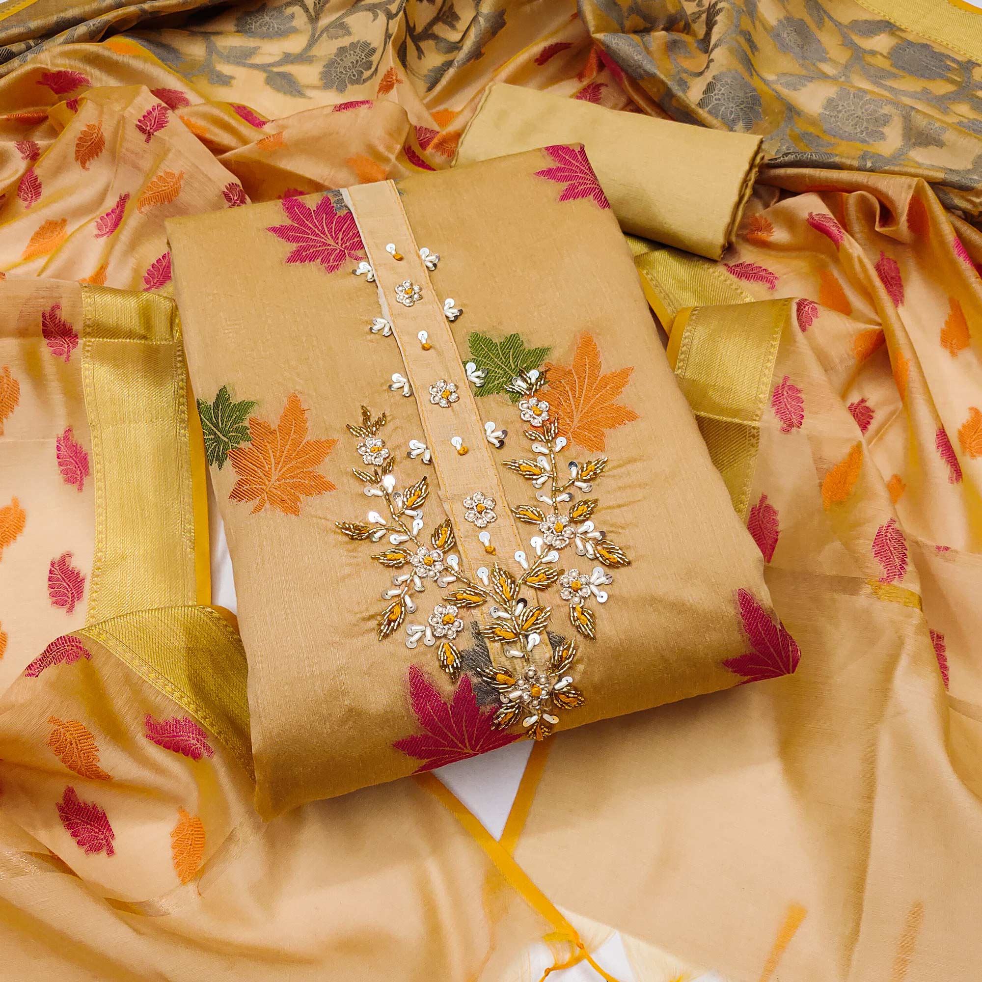 Chikoo Floral Woven With Handwork Banarasi Silk Dress Material