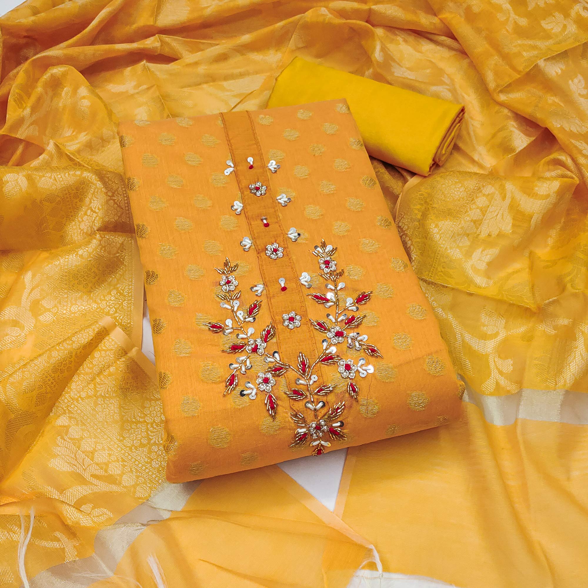 Yellow Floral Woven With Handwork Banarasi Silk Dress Material