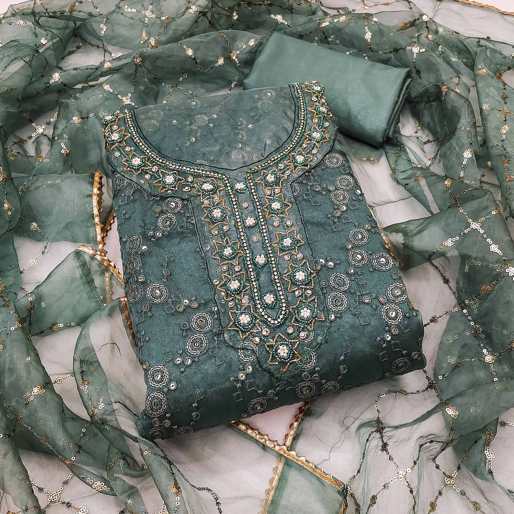 Green Sequins Embroidery With Handwork Organza Dress Material