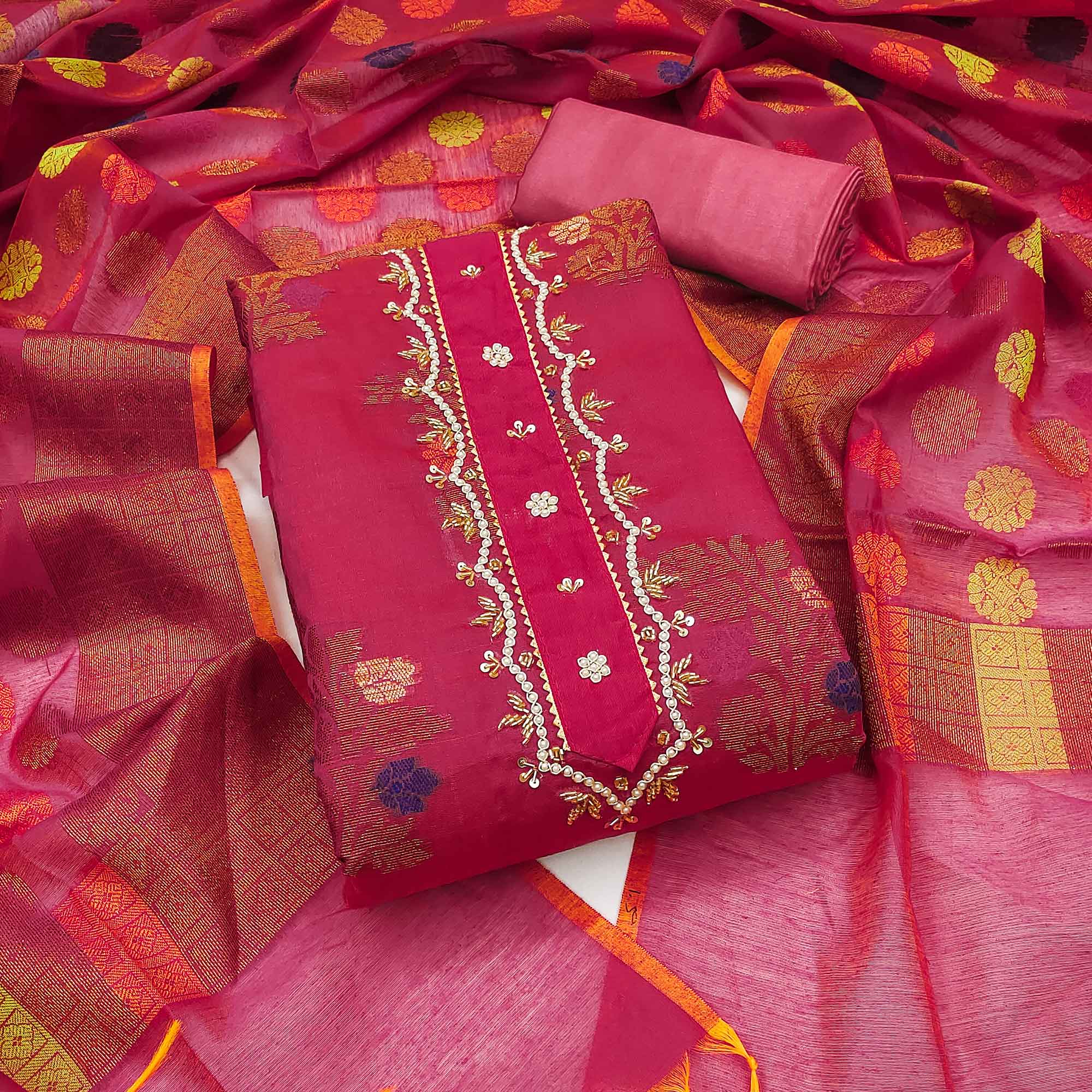 Pink Floral Woven With Handwork Banarasi Silk Dress Material