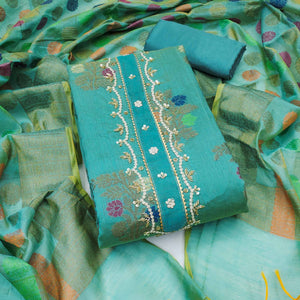 Turquoise Floral Woven With Handwork Banarasi Silk Dress Material