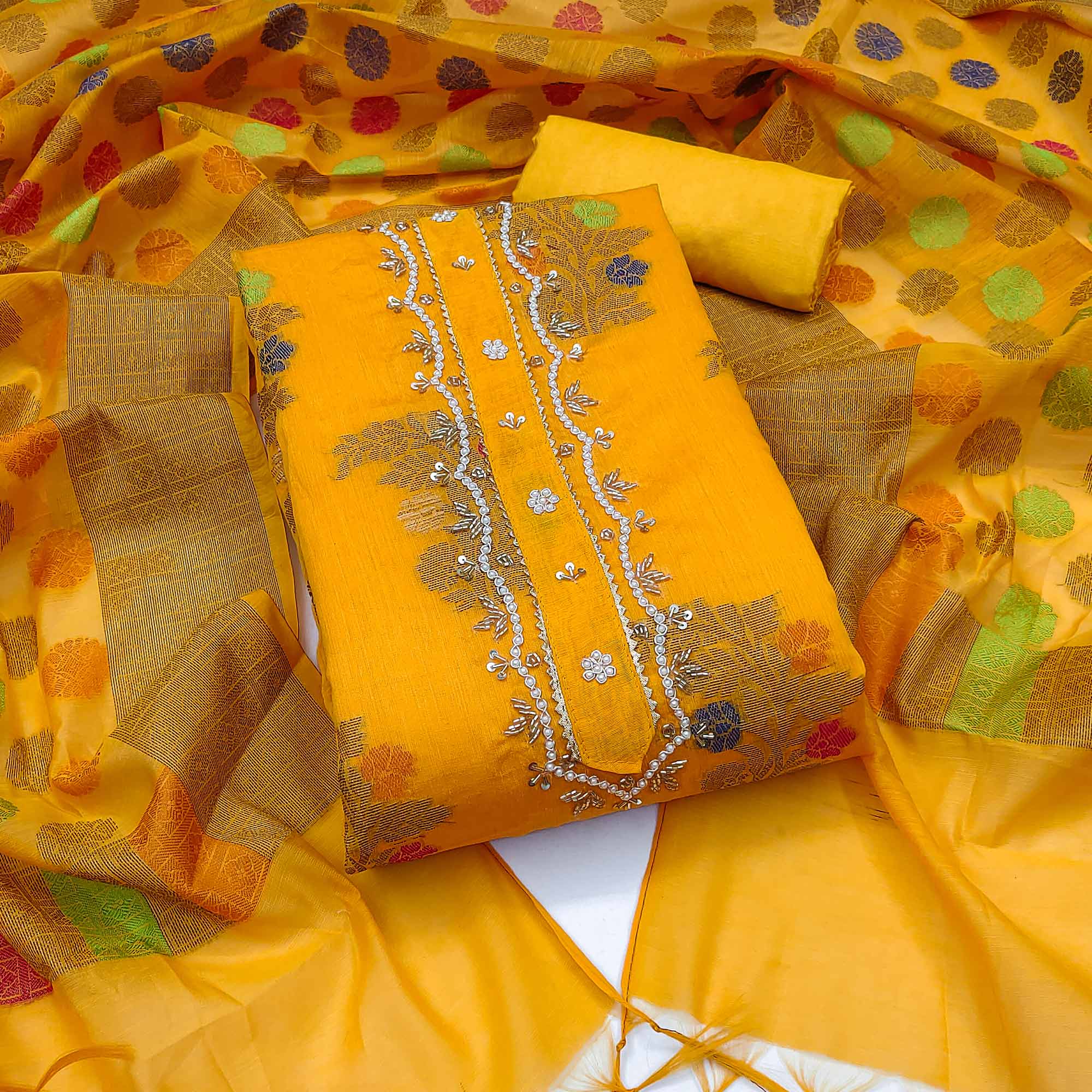 Yellow Floral Woven With Handwork Banarasi Silk Dress Material