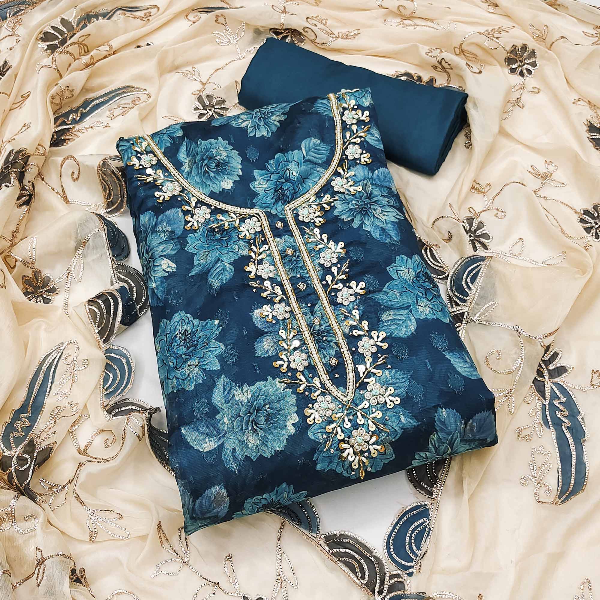 Blue Floral Printed With Handwork Viscose Banarasi Dress Material