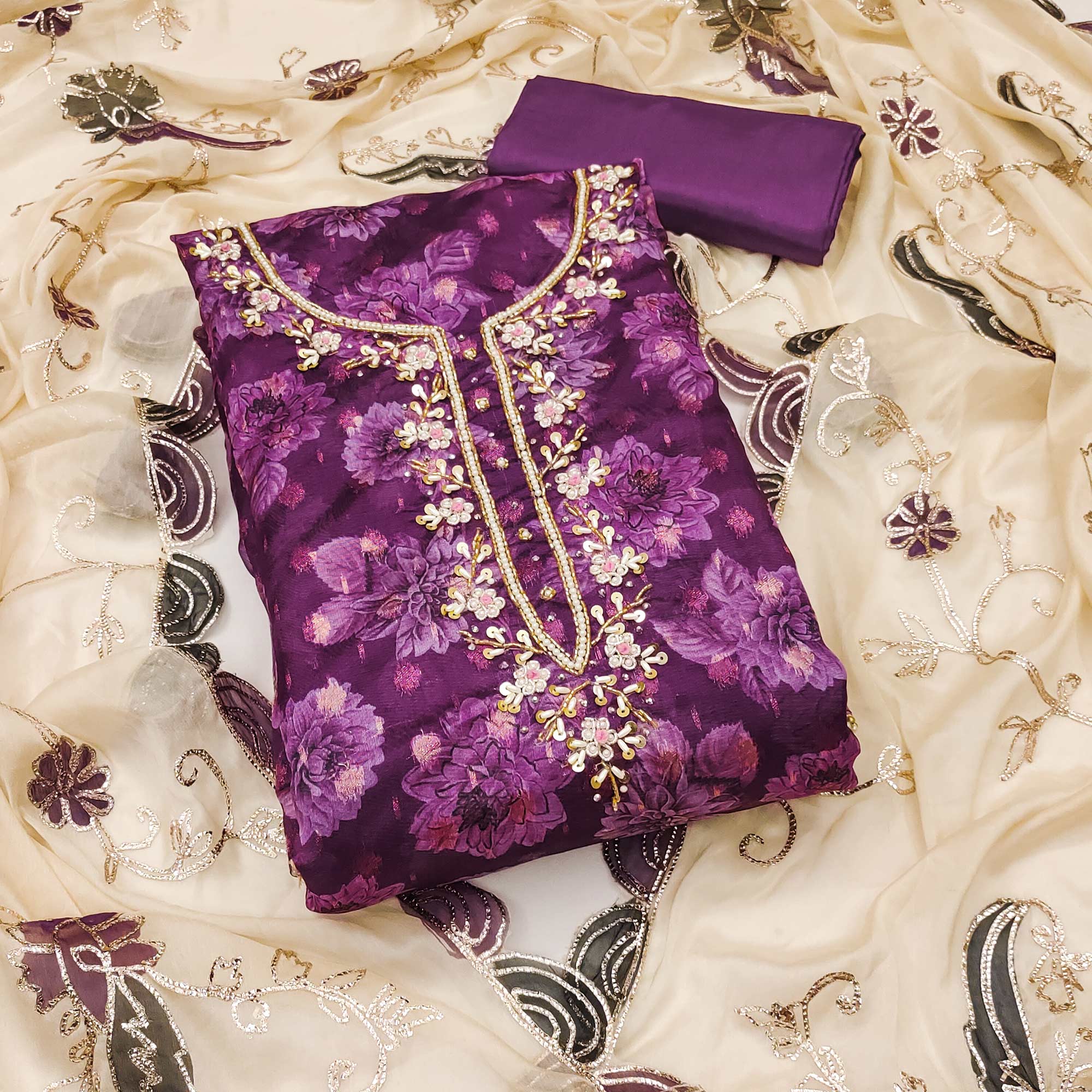 Purple Floral Printed With Handwork Viscose Banarasi Dress Material
