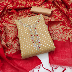 Beige Floral Woven With Handwork Banarasi Silk Jacquard Dress Material