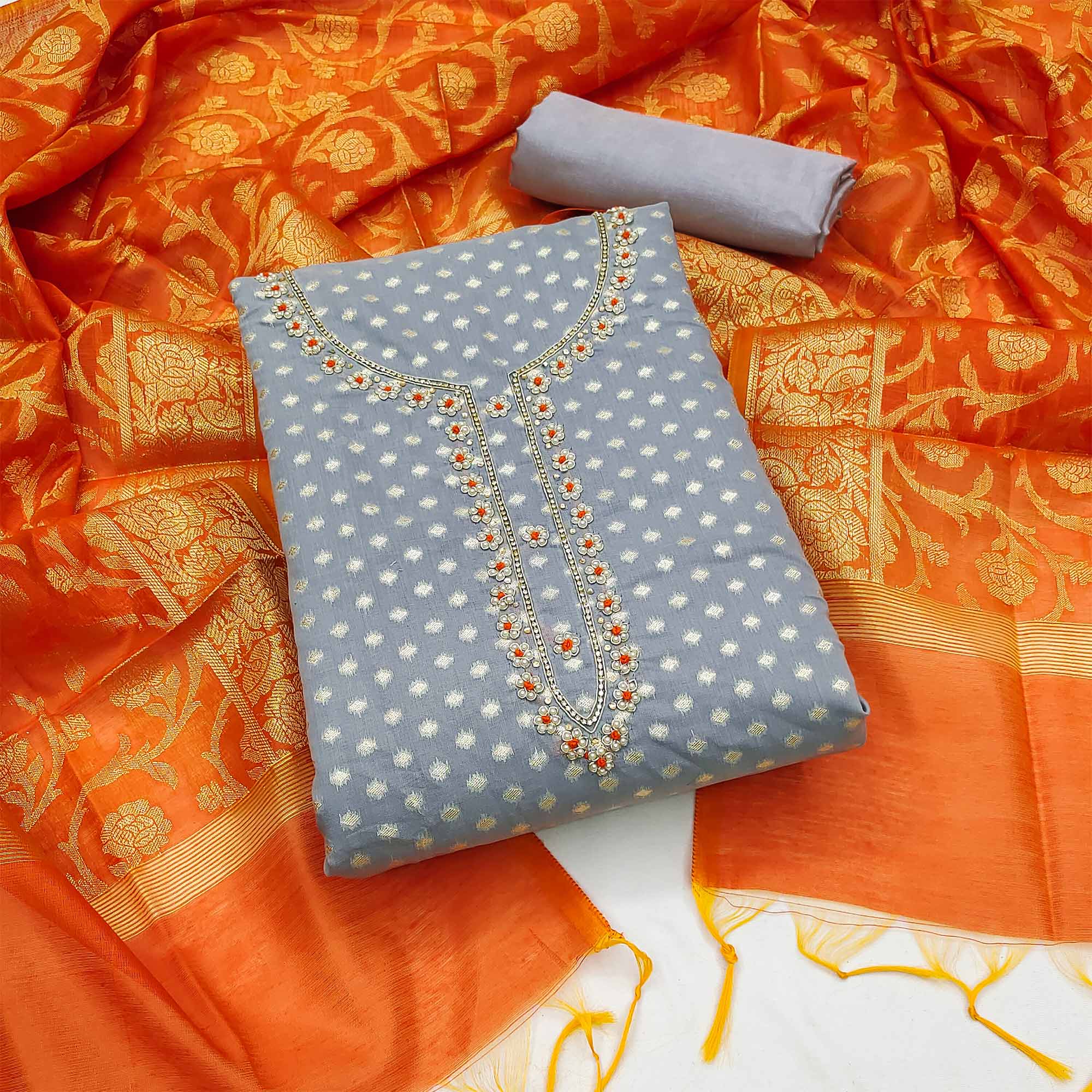 Grey Floral Woven With Handwork Banarasi Silk Jacquard Dress Material