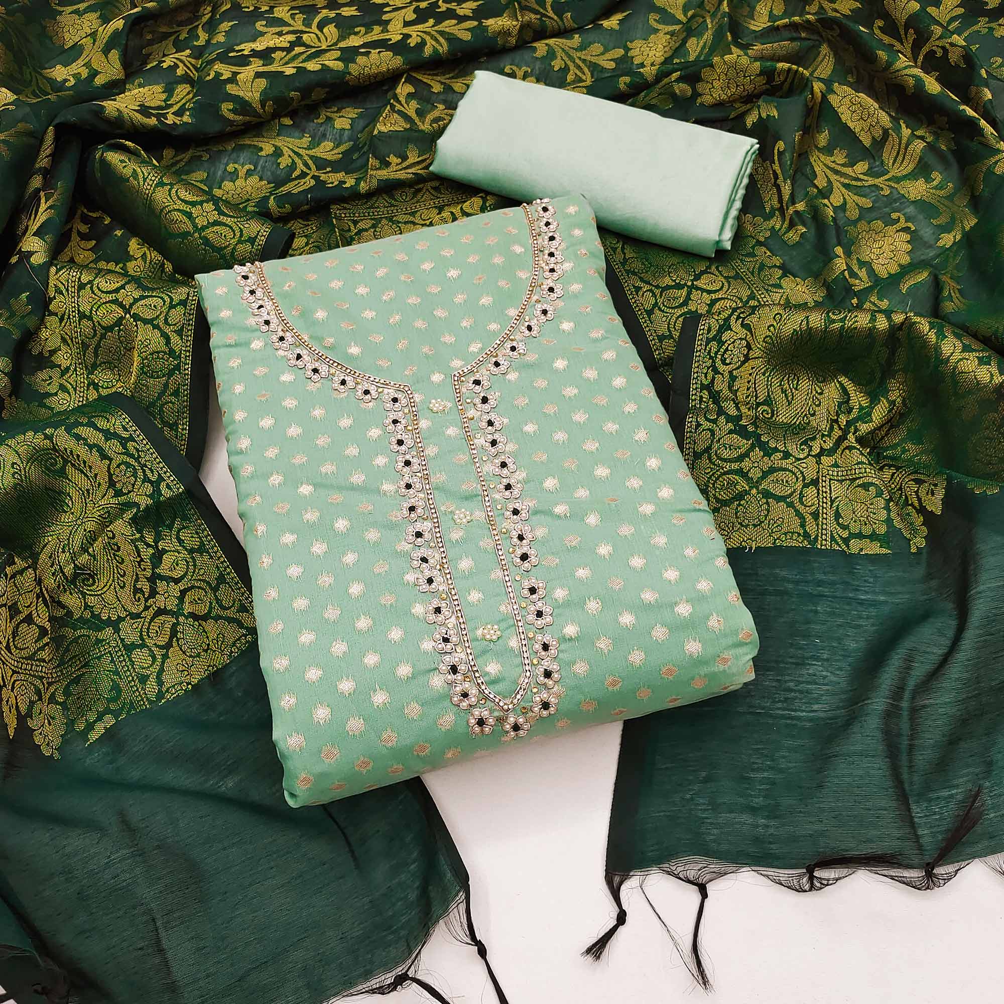Sea Green Floral Woven With Handwork Banarasi Silk Jacquard Dress Material