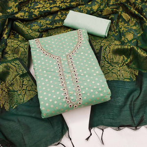 Sea Green Floral Woven With Handwork Banarasi Silk Jacquard Dress Material