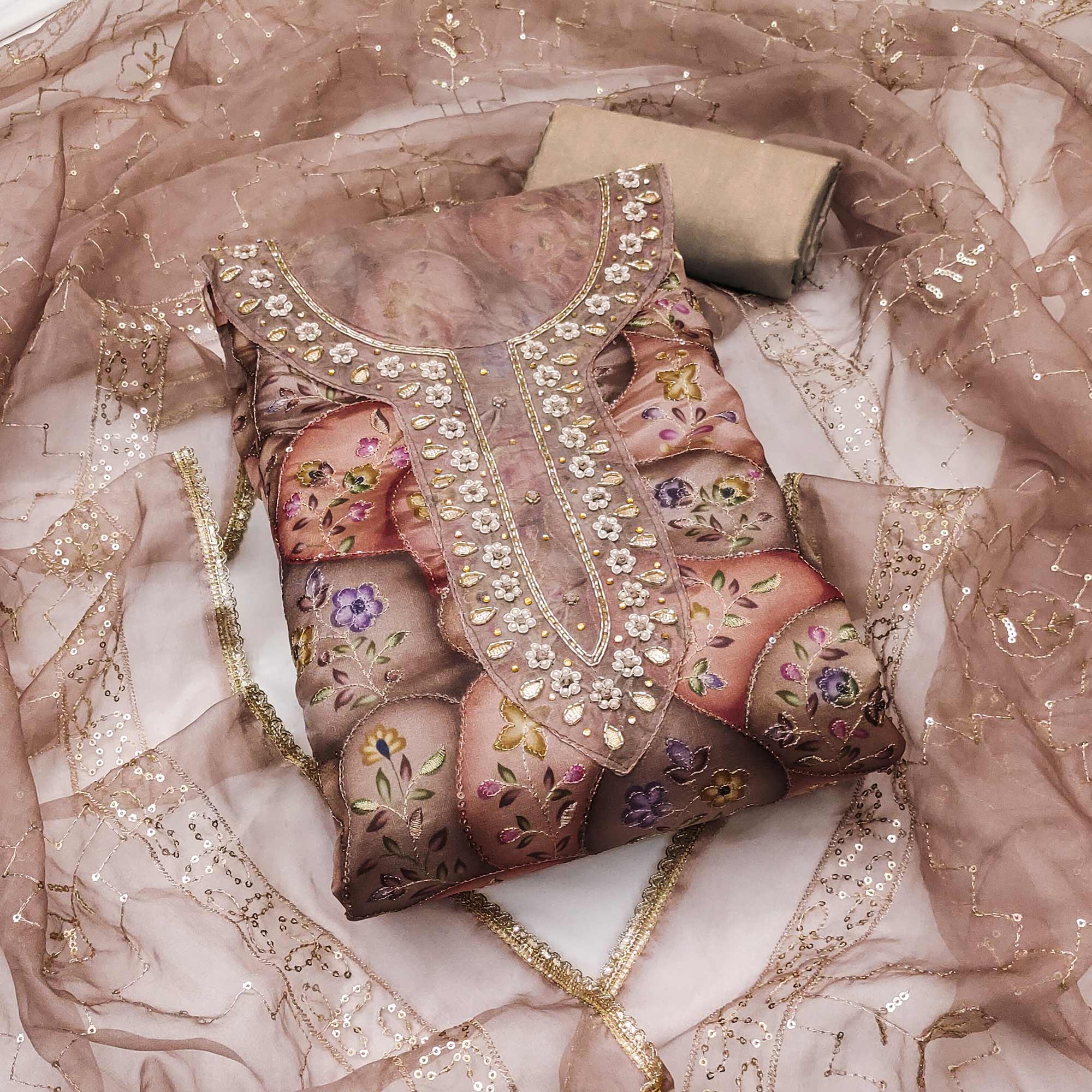 Dark Brown Floral Sequins Embroidery With Handwork Organza Dress Material