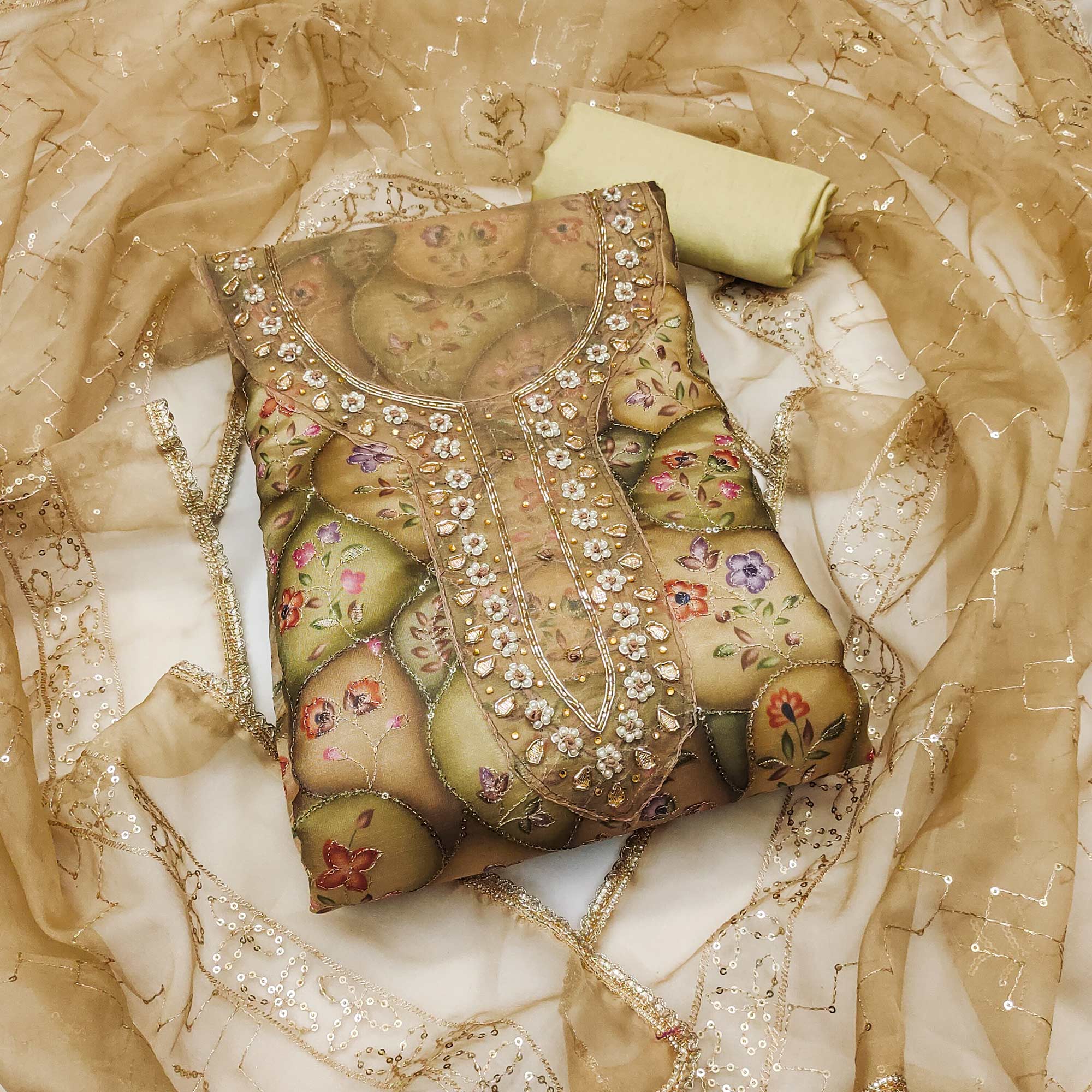 Green Floral Sequins Embroidery With Handwork Organza Dress Material