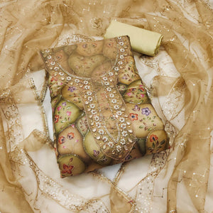 Green Floral Sequins Embroidery With Handwork Organza Dress Material