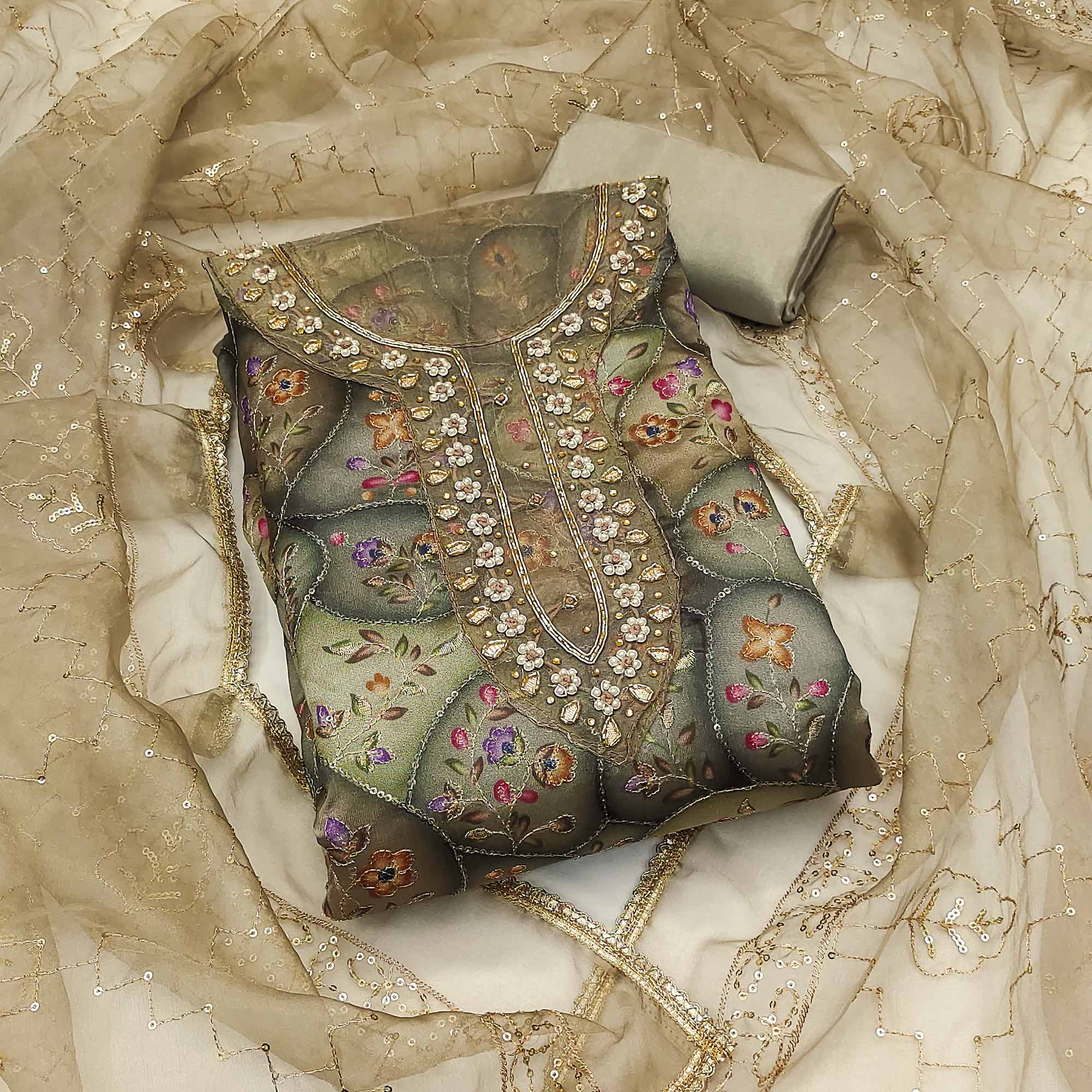 Grey Floral Sequins Embroidery With Handwork Organza Dress Material