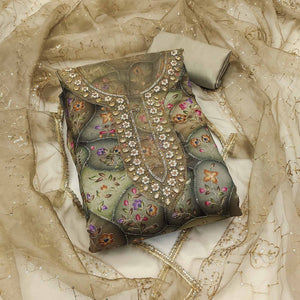 Grey Floral Sequins Embroidery With Handwork Organza Dress Material