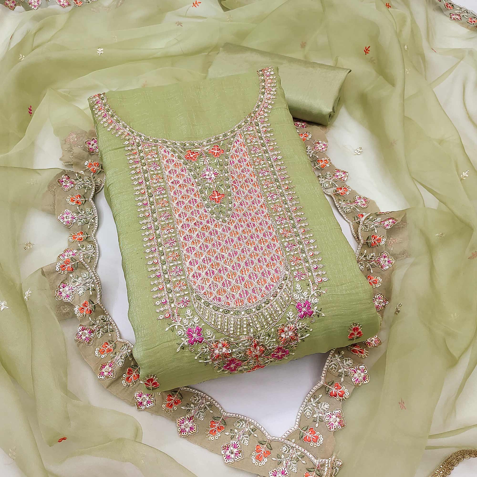 Green Floral Sequins Embroidery Viscose Dress Material